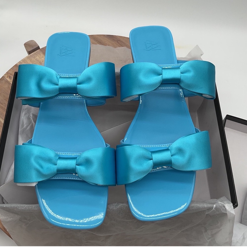 Aminah Abdul Jillil Jody Blue Bow Flat Sandal Patent Square Toe Slide 10.5M